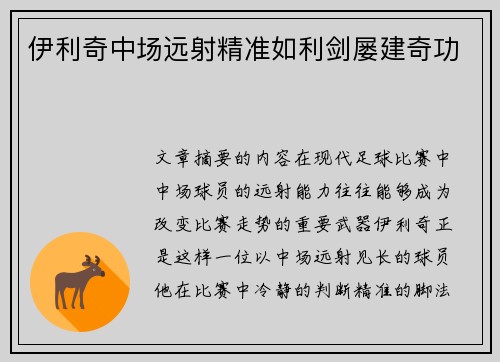 伊利奇中场远射精准如利剑屡建奇功 伊利奇中场远射精准如利剑屡建奇功