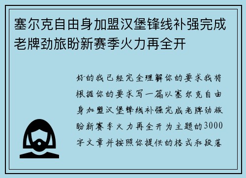 塞尔克自由身加盟汉堡锋线补强完成老牌劲旅盼新赛季火力再全开